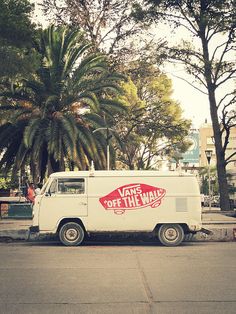 the van is parked on the side of the road near some trees and palm trees