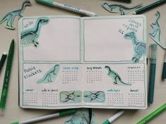 Green cutout dinosaurs Dinosaur Journal, A To Do List, January Bullet Journal, Habit Tracker Bullet Journal, Habit Trackers, Bullet Journal Themes, Bullet Journal Writing, Dinosaur Theme