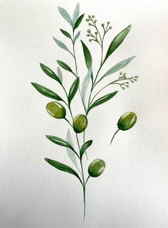 a painting of green leaves and flowers on a white background