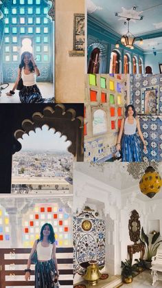 a collage of photos with different colors and designs on the walls, including a woman in a blue dress