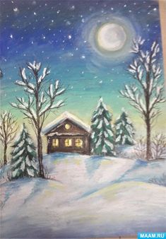 a painting of a cabin in the snow with trees and stars on it's night sky