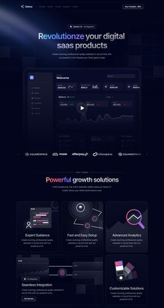 the website design for an electronic company, with dark colors and black text that reads revolutionize your digital saas products