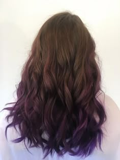 Purple Tipped Hair Brown, Brown To Dark Purple Ombre Hair, Purple Hair On Light Brown Hair, Purple Hair Ends Brown, Dark Purple Tips Hair, Brown And Purple Ombre Hair, Dark Brown Hair With Purple Ends, Red And Purple Highlights In Brown Hair, Brown Hair With Purple Ombre