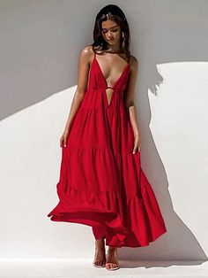 Brand Name: EDOLYNSAMaterial: PolyesterPattern Type: SolidStyle: Beach StyleOrigin: CN(Origin)CN: ZhejiangFit: Fits true to size, take your normal sizeAge: Ages 18-35 Years OldRelease Date: Summer 2022 Maxi Dress Summer, Backless Maxi Dress, Ankle Length Dress, Red Boho, V Neck Midi Dress, Backless Maxi Dresses, Online Fashion Boutique, Necklines For Dresses, Club Party