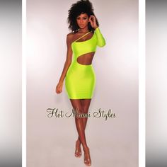 Neon Yellow One Shoulder Sleeve Cut Out Dress - Large. Brand Hot Miami Styles. Color -Neon Yellow. New With Tags. Cheap Fitted Neon Yellow Dress, Cheap Neon Yellow Spring Dress, Stretch Green Mini Dress For Going Out, Trendy Green Mini Dress For Going Out, Green Mini Dress For Going Out In Summer, Green Mini Dress For Club In Spring, Green Bodycon Dress For Going Out In Summer, Green Bodycon Dress For Going Out In Spring, Green Mini Dress For Club And Spring Season