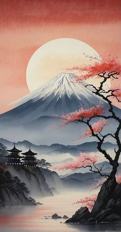 Japanese Background, Zen Painting, Monte Fuji, Japan Painting, Japanese Drawings