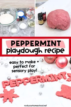 Glass bowl with flour, corn starch, cream of tartar, vegetable oil, salt, red food coloring, and peppermint essential oil with examples of peppermint playdough in ball, snowflakes, and boots. Playdough Activities For Toddlers, Fall Playdough, Cloud Dough Recipe, Cloud Dough Recipes, Playdough Activity, Winter Sensory Bin, Winter Activities For Toddlers