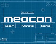 a blueprinted poster with the word meacon in white letters on it