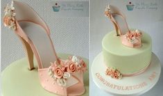 there is a wedding cake with high heel shoes on the top and flowers on the bottom