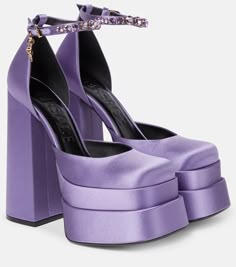 Medusa Aevitas Satin Platform Pumps in Purple - Versace | Mytheresa Versace Medusa Platform Pumps, Luxury Sandals With Red Sole For Spring, Mach Mach Shoes Purple, Cassie Euphoria Shoes, Purple Chunky Platform Heels, Versace Medusa Platform Heels White, Versace Heels, Basic Shoes, Dr Shoes