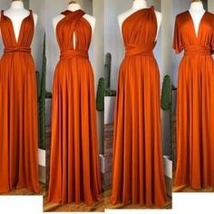 four different views of dresses on mannequins, one in orange and the other in