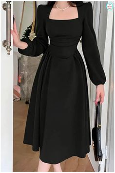 Korean Dress Aesthetic, Long Sleeve Black Dress Outfit, Sunday Dress Outfit Classy, A Cut Dress, Classy Dress Outfits Simple, Cute Bodycon Dresses, Empire Waist Dresses, Bodycon Long Sleeve Dress, Square Neckline Dress