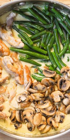 green beans and mushrooms cooking in a pan