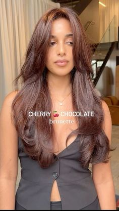 Brown Hair Colour On Black Hair, Hair Dye Brown Shades, Chocolate Dye Hair, What To Dye Brown Hair, Red Brunette Hair Balayage, Hair Dye Chocolate Brown, Cherry Brown Hair Color With Highlights, Cherry Brunette Curly Hair, Cherry Brown Hair Aesthetic