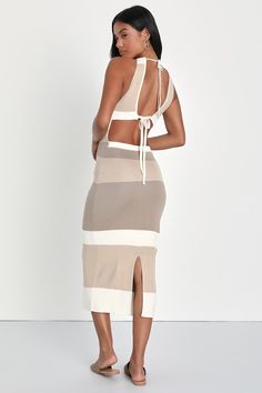 Everyone will want to know your style tips and tricks when they see you rocking the Lulus Chic Obsession Beige Striped Tie-Back Sleeveless Sweater Dress! A beige, brown, and cream striped design accents this stretchy sweater knit dress that features a sleeveless bodice with a rounded neckline and two sets of tying straps that secure across the flirty open back. The flattering bodycon silhouette continues down to a sophisticated midi hem with a kick pleat at the back. Pair with your favorite sandals and grab some mimosas with the girls! Fit: This garment fits true to size. Length: Mid-calf length. Size medium measures 44.75" from top to bottom. Bust: Great for any cup size. Waist: Fitted - stretchy fabric allows custom fit. Hip: Fitted - stretchy fabric allows room for hips. Undergarments: Beige V-neck Sweater Dress For Summer, Sleeveless Beige Knit Maxi Dress, Beige Open Knit Sleeveless Dress, Knitted Dress Outfit, Beige Ribbed V-neck Midi Dress, Beige Knitted V-neck Sweater Dress, Cute Vacation Outfits, Sleeveless Sweater Dress, Bodycon Sweater Dress