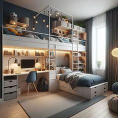 a bedroom with bunk beds and desks in it