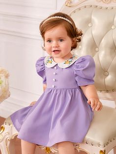 Lila Púrpura  Collar manga corta Tela tricotada Floral Smock Embellished No-Elástico Baby Floral Dress, ခလေးဂါဝန်baby Clothing, Purple Collar, Baby Fits, Neckline Designs, Puff Sleeve Dress, Lilac Dress