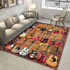 a living room area rug with guitars on it