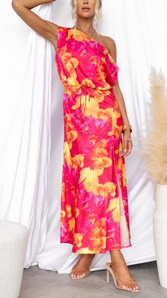 Step into elegance with this Vibrant Floral Satin Maxi Dress. Featuring a chic one-shoulder design, cinched waist with tie, and a stylish side split, this dress is perfect for any special occasion. Elegant One Shoulder Summer Dress With Side Slits, Elegant One Shoulder Dress With Side Slits For Summer, One-shoulder Floral Maxi Dress For Party, Elegant Beach Maxi Dress With Asymmetrical Neckline, Party One-shoulder Maxi Dress With Floral Print, Elegant Asymmetrical Neckline Maxi Dress For Beach, Elegant One-shoulder Dress For Beach, Elegant One-shoulder Beach Dress, Summer Cocktail Off Shoulder Maxi Dress