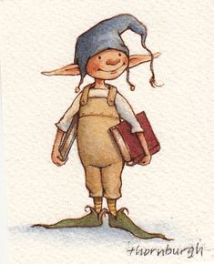 a drawing of a little boy with a hat and overalls, carrying luggage in his hands