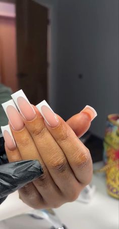 Begginer Nail Sets, Deep French Acrylic Nails, Medium French Tip, French Acrylic Nails, Short Square Acrylic Nails, Acrylic Nails Coffin Pink, Unique Acrylic Nails, Long Square Acrylic Nails