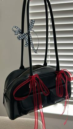 stand oil black bag with cute bows. Aesthetic korean bag Stand Oil Bag, Bows Aesthetic, Ribbons Galore, Korean Bag, Oil Bag, Aesthetic Korean, Girly Bags, Fancy Bags, Pretty Bags