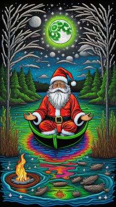 a painting of santa claus floating on a boat in the water with a campfire