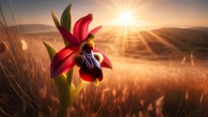 a red flower in the middle of a field with the sun shining down on it