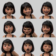 an animation character with different facial expressions and hair styles, including the head and shoulders