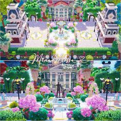 two different views of a building with flowers in the front and side by side,