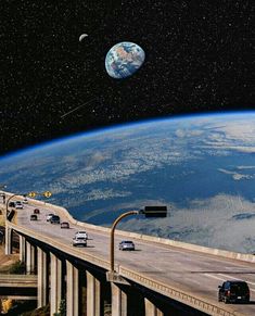 an image of the earth from space showing cars driving on a highway in front of a bridge