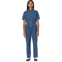 Every wardrobe needs a denim jumpsuit. Our Houston denim coveralls are crafted from 100% cotton denim for an all-season staple thats made to last. The timeless piece offers a utility-inspired aesthetic with its functional chest pockets and zippered front closure. The short sleeve coveralls have a stretchy waistband for a flattering fit. Dickies Coveralls Women, Utility Style Dark Wash Denim Jumpsuit, Dark Wash Utility Denim Jumpsuit, Medium Wash Relaxed Fit Denim Utility Jumpsuit, Utility Denim Jumpsuit For Work In Medium Wash, Utility Style Denim Jumpsuit For Work, Utility Style Medium Wash Denim Overall Jumpsuit, Utility Medium Wash Denim Overall Jumpsuit, Utility Denim Blue Relaxed Fit Jumpsuit