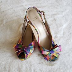 Nwot. Never Worn. Stuart Weitzman Rainbow Silk Tarot Bow Heels. Open Toe And Adjustable Sling Back Strap. Colorful Silk With Gold Metallic Thread. Sling Back, Bow Heels, Bow Shoes, Metallic Thread, Back Strap, Stuart Weitzman, Open Toe, Shoes Women Heels, Pink And Gold