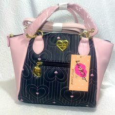 Betsey Johnson Bj Lb Luv By Betsey Johnson Last One ! Cross Posted ! Womans Women Woman Convertible Bag Cross Body Crossbody Hand Bag Shoulder Bag Purse Pocket Book Pocketbook Satchel Blush / Pink Black Quilted Hearts Embroidery Embroidered Extremely Beautiful Bag, One Of My Favorites Removable Adjustable Shoulder Strap Dual Flat Top Carry Handles Gold Toned Hard Ware Betsey Johnson Heart Logo Kiss / Lips Zipper Pull Interior Lining / Lined Interior Interior Wall Zip Pocket Two Interior Wall Sli Cute Pink Shoulder Bag For Evening, Cute Pink Evening Shoulder Bag, Betsey Johnson Heart Dress, Betsy Johnson Phone Bag, Betsy Johnson Bags, Betsy Johnson Purses, Betsey Johnson Handbags, Betsey Johnson Skull Bag, Skull Handbags Betsey Johnson