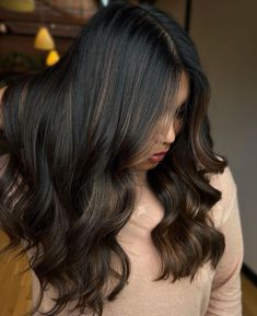 Root Melt And Lowlights, Chai Hair Color, Lowlights On Black Hair, Balayage With Black Roots, Black Roots Balayage, Black Hair Lowlights, Hair Toner Colors, Low Lights For Black Hair, Black Hair With Highlights And Lowlights