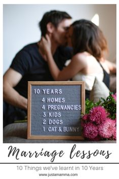 a couple kissing in front of a sign that says marriage lessons