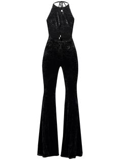 Back self-tie closures. Low cut back. Embellished details. Model is wearing a size36 Flared Jumpsuit, Flare Jumpsuit, Alexandre Vauthier, Flat Espadrilles, Shearling Jacket, Ski Wear, Black Jumpsuit, Back To Black, Swimwear Tops