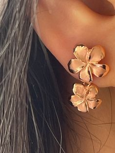 Hawaiian Heirloom 12mm and 10mm Plumeria Flower Link Stud Earrings In 14-karat Solid Tricolor Gold Are Stylish And Gorgeous. Dangle and Drop Stud Link Earrings Sandblast Satin High-polished edges 14 Karat Solid Rose Gold GUARANTEED, Authenticated with a 14K Stamp Made with the Highest Quality Craftsmanship Solid 14K Rose Gold 12mm and 10mm Plumeria Flower Link Stud Earrings Dangle & Drop Total Weight 2.7 grams Solid 14K Rose Gold Plumeria Flower  Width 12 Millimeter, and 10 Millimeters Dangle & Drop Length 20 Millimeters Amazing! Gift For Family and Friends! Jewelry Gift Box Included! Rose Gold Flower-shaped Jewelry With Matching Earrings, Rose Gold Flower-shaped Pierced Earrings, Rose Gold Flower Shaped Pierced Earrings, Round Rose Gold Flower Charm Earrings, Rose Gold Round Flower Charm Earrings, Rose Gold Flower Charm Earrings, Rose Gold Flower Earrings For Anniversary, Anniversary Rose Gold Flower Earrings, Rose Gold Dangle Earrings With Flower Charm