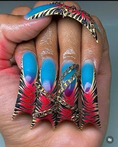 @ nailsbywolfkal Nail Designs Duck Nails, Blue Coffin Nails, Long Fingernails, Curved Nails, Punk Nails, Duck Nails, Goth Nails, Nails Design With Rhinestones