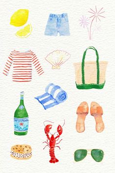 a watercolor drawing of beach items and sunglasses