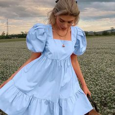 Sweet Puff Sleeve Dress - S / Blue - Dresses Blue Dress Puff Sleeves, Blusas Top, Bohemian Style Dresses, Kawaii Dress, Dress Bohemian, Maid Dress, Ruffle Mini Dress, Ruffle Hem Dress, Puffed Sleeves Dress