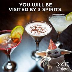 three martinis with different types of drinks in them and the caption you will be visited by 3 spirits