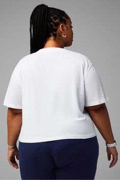 100% Cotton Boxy Tee Fabletics white female Activewear >> Womens >> Tops >> Short Sleeve T-Shirts >> Short-Sleeve Top plus Everyday White Short Sleeve Activewear For Everyday, Trendy White Relaxed Fit Activewear, Everyday White Short Sleeve Activewear, White Crew Neck Everyday Activewear, Graphic Tee Tops With Boxy Fit For Loungewear, Boxy Fit Graphic Tee For Loungewear, White Sporty Tops For Everyday, White Graphic Tee For Loungewear, White Relaxed Fit Tops For Workout