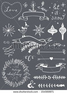 hand drawn christmas ornaments and ribbons on a chalkboard background with the words love it snow