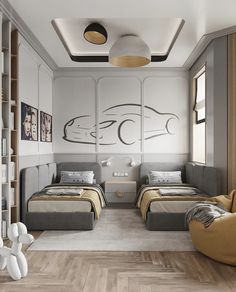 a bedroom with two beds and some chairs