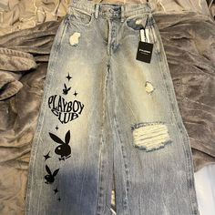 Size:24 Brand New With Tag ($70) Playboy Denim Jeans Different Clothes Asthetics, Art Jeans Paintings, Custom Jeans Paint, Aesthetic Clothes Jeans, Custom Pants Jeans, Jeans Painting Ideas Aesthetic, Denim Painting Jeans, Custom Jeans Ideas, Jeans Diy Ideas