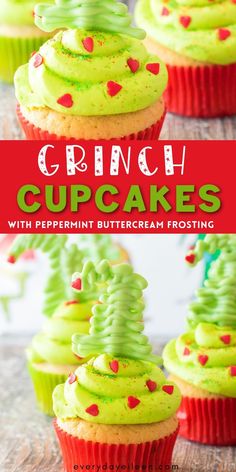 Vanilla cupcakes with a peppermint frosting and chocolate and candy topping with Pinterest overlay. Peppermint Buttercream Frosting, Whoville Tree, Grinch Cupcakes, Flavored Frosting, Homemade Vanilla Cupcakes, Peppermint Buttercream, Festive Holiday Desserts, Cupcakes Homemade