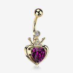 Golden Majestic Queen's Crown Heart Sparkle Belly Button Ring-Fuchsia Elegant Heart-shaped Internally Threaded Belly Rings, Pink Belly Rings For Wedding, Elegant Heart-shaped Wedding Belly Rings, Elegant Heart-shaped Belly Rings, Crown Charm, Dangle Belly Rings, Golden Crown, Navel Piercing, Queen Crown