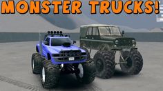 two monster trucks are in the middle of a desert