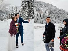 a man and woman are standing in the snow with their arms around each other while holding flowers